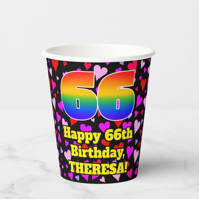 66. Geburtstag: Loving Hearts Pattern, Regenbogen  Pappbecher (Vorderseite)