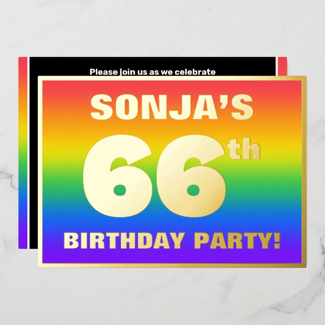 66th Birthday Party: Fun, Colorful Rainbow Pattern Folieneinladung (Vorderseite/Rückseite)