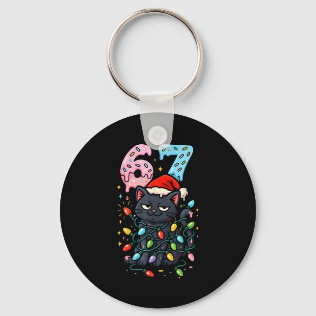 67 Black Cat Christmas Ice Cream Drip Santa Hat Si Schlüsselanhänger (Vorderseite)