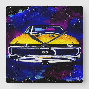 "67 Chevy Camaro SS" Wasserfarbene Kunst, Dichtung Quadratische Wanduhr