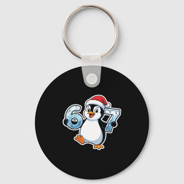 67 Christmas Penguin Santa Hat Birthday Holiday  Schlüsselanhänger (Vorderseite)