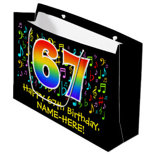 67. Geburtstag - Farbige Musiksymbole, Regenbogen  Große Geschenktüte