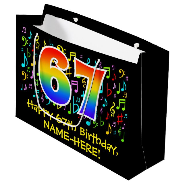 67. Geburtstag - Farbige Musiksymbole, Regenbogen  Große Geschenktüte (Vorderseite Schrägansicht)