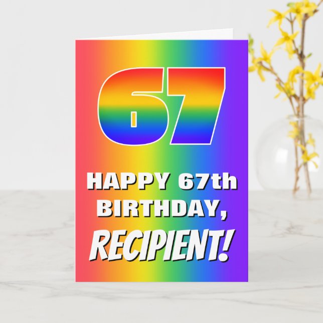 67. Geburtstag: Farbiges, lustiges Regenbogenmuste Karte (Gelbe Blume)