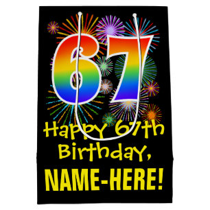 67. Geburtstag: Fun Fireworks Pattern + Rainbow 67 Mittlere Geschenktüte