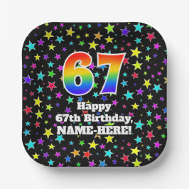 67. Geburtstag: Fun Stars Muster und Regenbogen "6 Pappteller