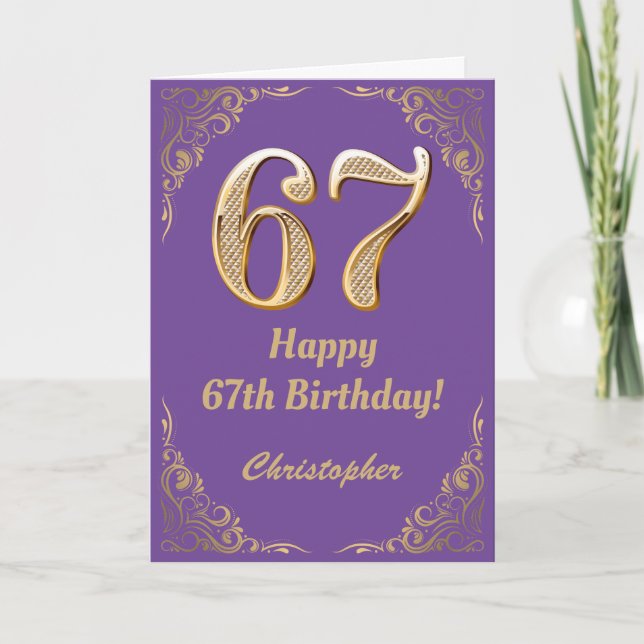 67. Geburtstag Lila und Gold Glitzer Frame Karte (Vorderseite)