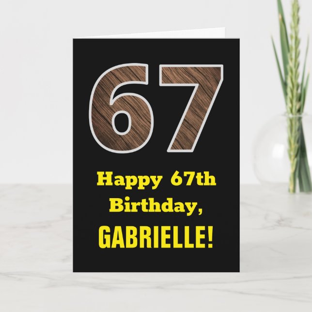 67. Geburtstag: Name, Imitate Holzkörnchen Muster  Karte (Vorderseite)