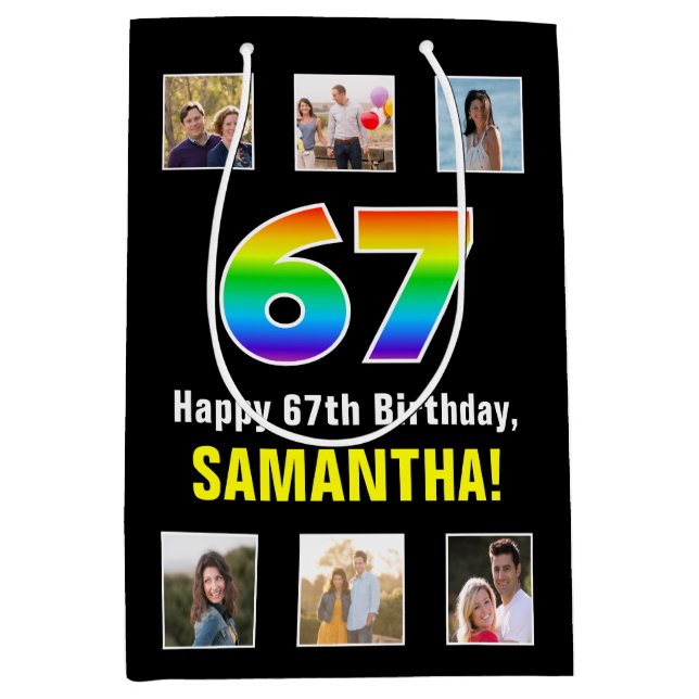 67. Geburtstag: Regenbogen "67", benutzerdefiniert Mittlere Geschenktüte (Vorderseite)