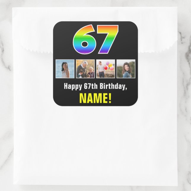 67. Geburtstag: Regenbogen "67"; benutzerdefiniert Quadratischer Aufkleber (Tasche)