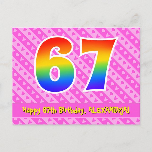67. Geburtstag: Rosa Streifen & Herz, Regenbogen 6 Postkarte (Vorderseite)