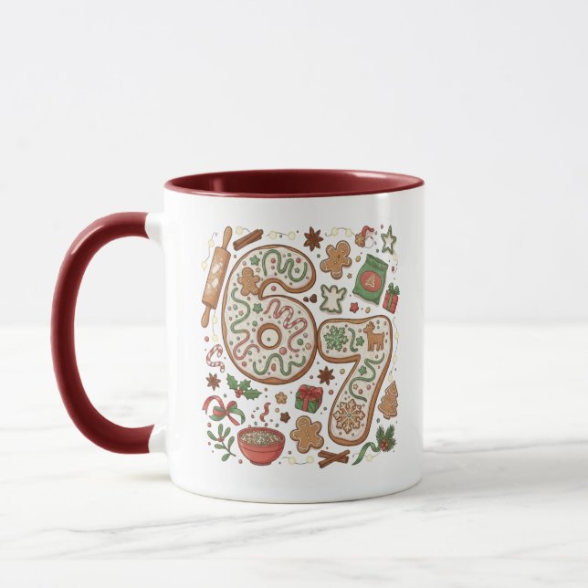 67 Lustige 6 7 Sechs Sieben Lebkuchen-Weihnachtspl Tasse (Links)