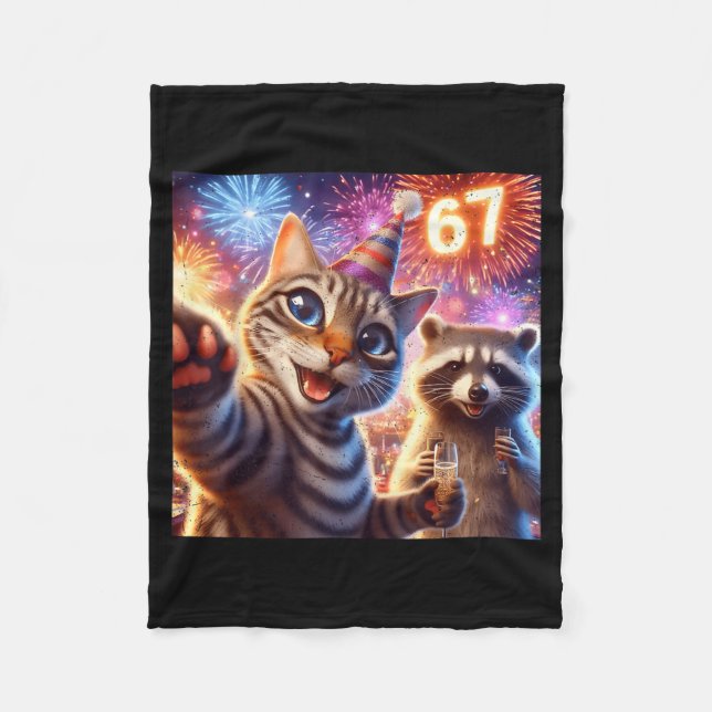 67 Meme Cat Raccoon New Year Selfie Funny Birthday Fleecedecke (Vorderseite)