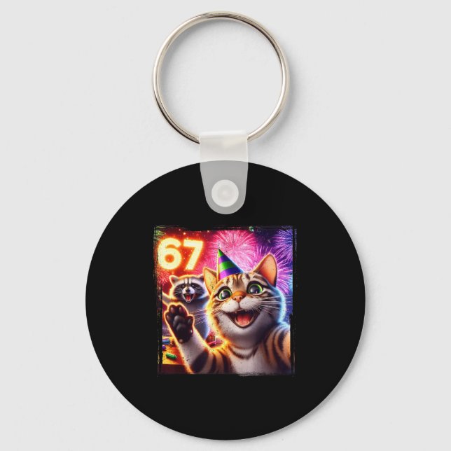 67 Meme Cat Raccoon New Year Selfie Funny Birthday Schlüsselanhänger (Vorderseite)