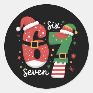 67 Meme Six Seven Elf Christmas Santa Hat Runder Aufkleber