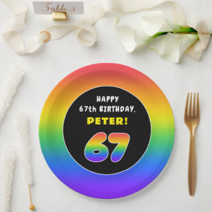 67th Birthday: Colorful Rainbow # 67, Custom Name Pappteller