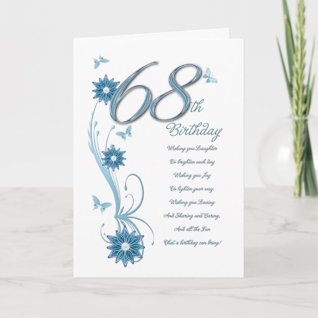 68. Geburtstag aquamarin mit Blume und Schmetterli Karte (Vorderseite)