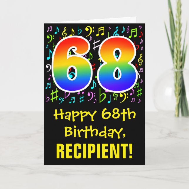 68. Geburtstag: Farbige Musiksymbole + Regenbogen  Karte (Vorderseite)