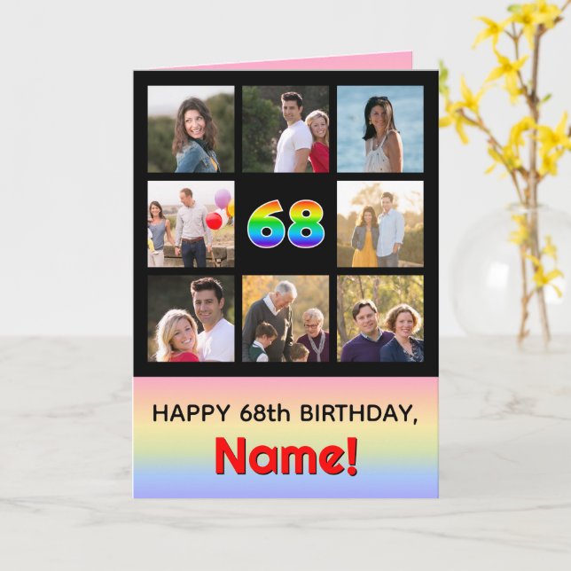 68. Geburtstag: Fun Rainbow #, Custom Fotos + Name Karte (Gelbe Blume)