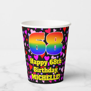 68. Geburtstag: Loving Hearts Pattern, Regenbogen  Pappbecher