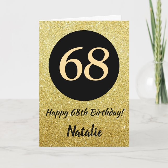 68. Happy Birthday Black and Gold Glitzer Card Karte (Vorderseite)