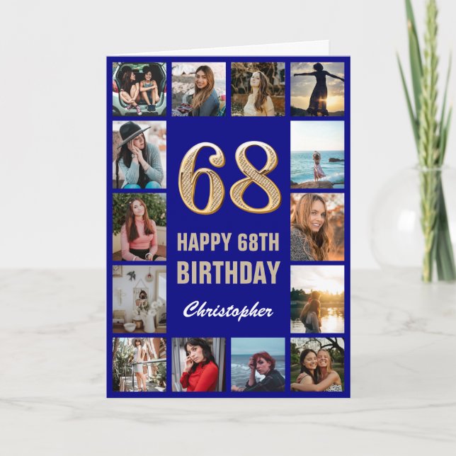68. Happy Birthday Navy Blue & Gold Foto Collage Karte (Vorderseite)
