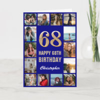 68. Happy Birthday Navy Blue & Gold Foto Collage