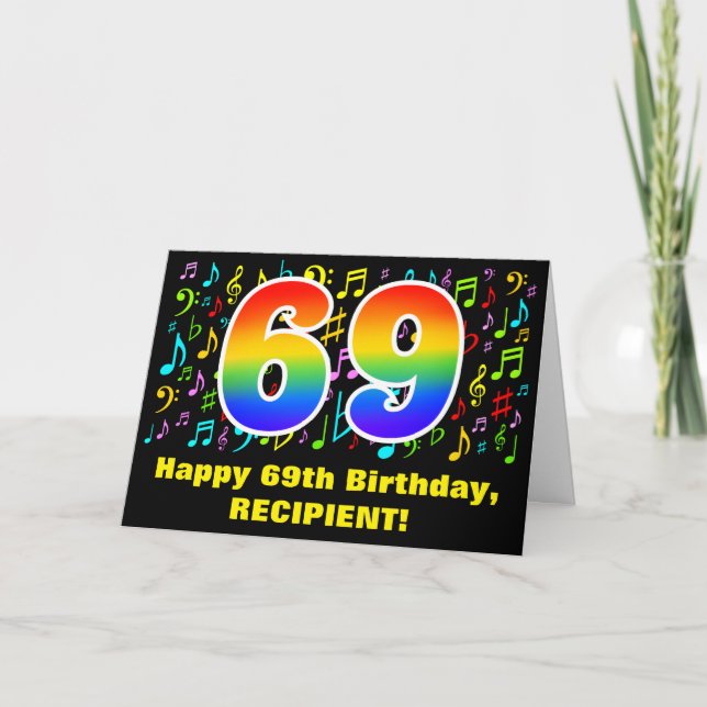 69. Geburtstag: Farbige Musiksymbole & Regenbogen  Karte (Vorderseite)