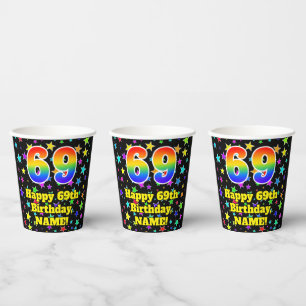 69. Geburtstag: Fun Stars Muster und Regenbogen 69 Pappbecher