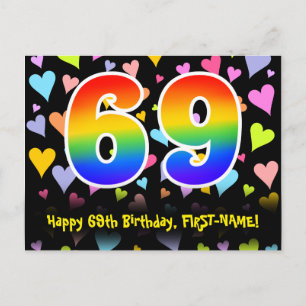69. Geburtstag: Lustiges Herzen-Muster, Regenbogen Postkarte