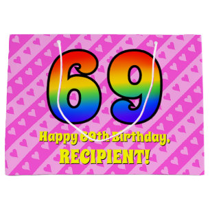 69. Geburtstag: Rosa Streifen & Herz, Regenbogen # Große Geschenktüte
