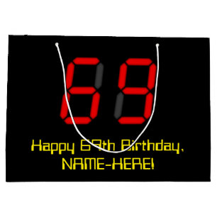 69. Geburtstag: Rote Digitaluhr-Art "69" + Name Große Geschenktüte