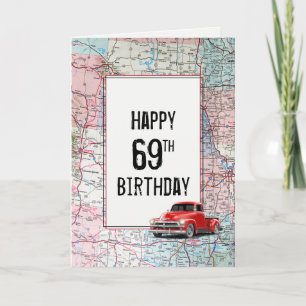 69e anniversaire Camion rouge Retro sur la carte