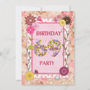 69e anniversaire invitation fête avec cadre fleuri