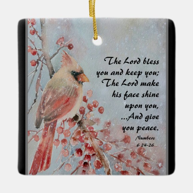 6 24-26 Lord Bless You Red Bird & Berries Keramikornament (Vorderseite)