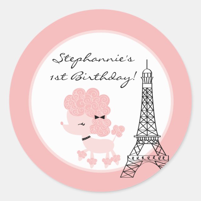 6 - 3" Gefallen Stickers Pink Poodle in Paris (Vorderseite)