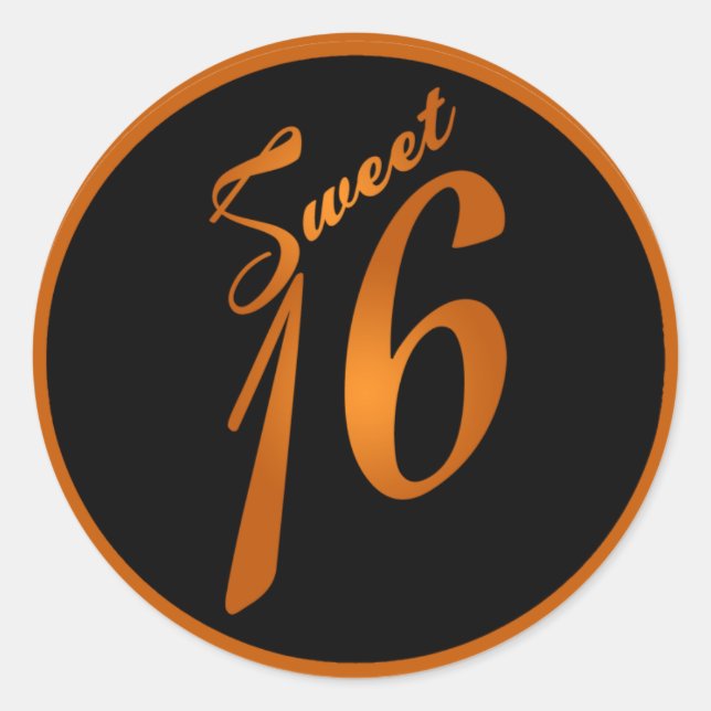 6 - 3" Gefallen Stickers Sweet 16 Orange Black (Vorderseite)