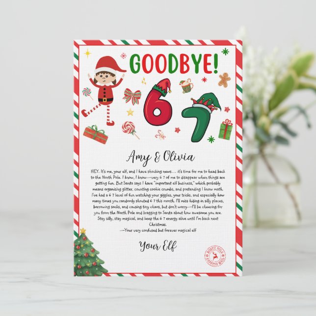 6 7 elf goodbye letter - funny elf letter - 67  einladung (Stehend Vorderseite)
