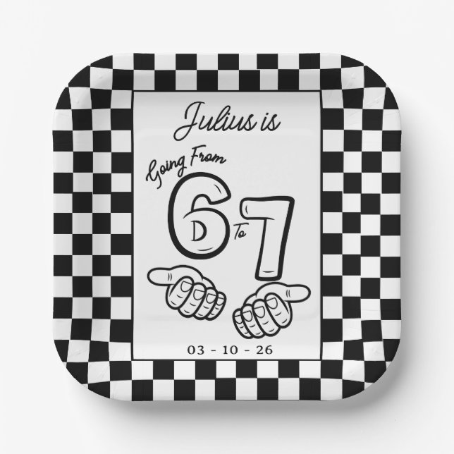 6 7 Meme Black White Checkerboard Birthday Pappteller (Vorderseite)