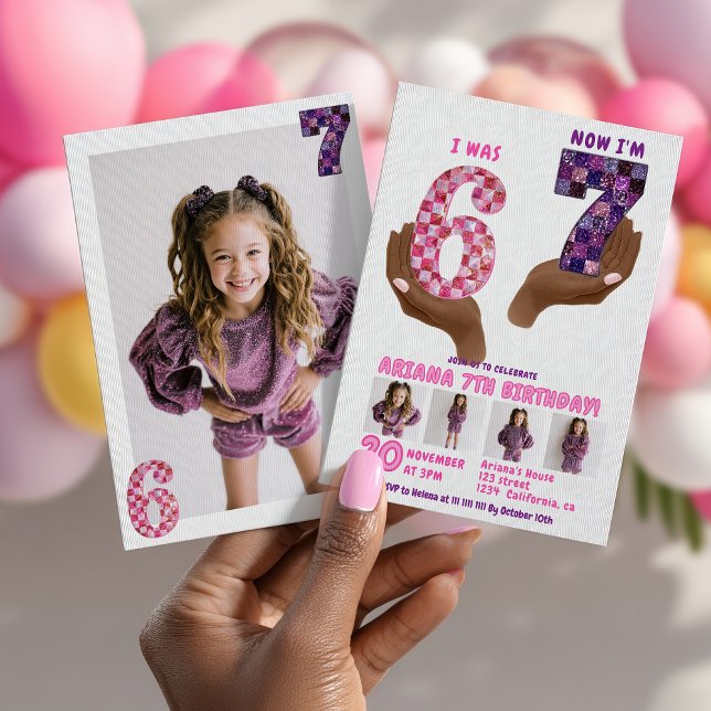 6 7 Meme Retro Pink Purple Checker Kids Birthday Einladung (6 7 Meme Retro Pink Purple Checker Kids Birthday Invitation)