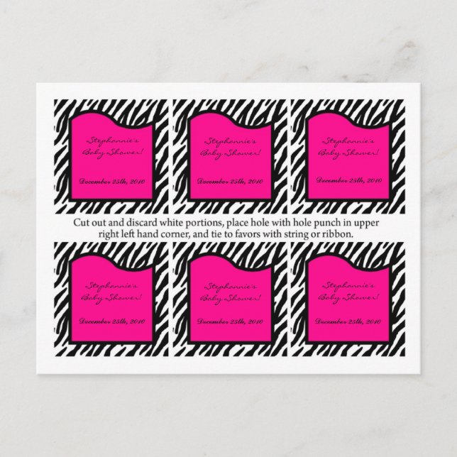 6 Bevorzugte Tags Hot Pink Zebra Print Einladungspostkarte (Vorderseite)