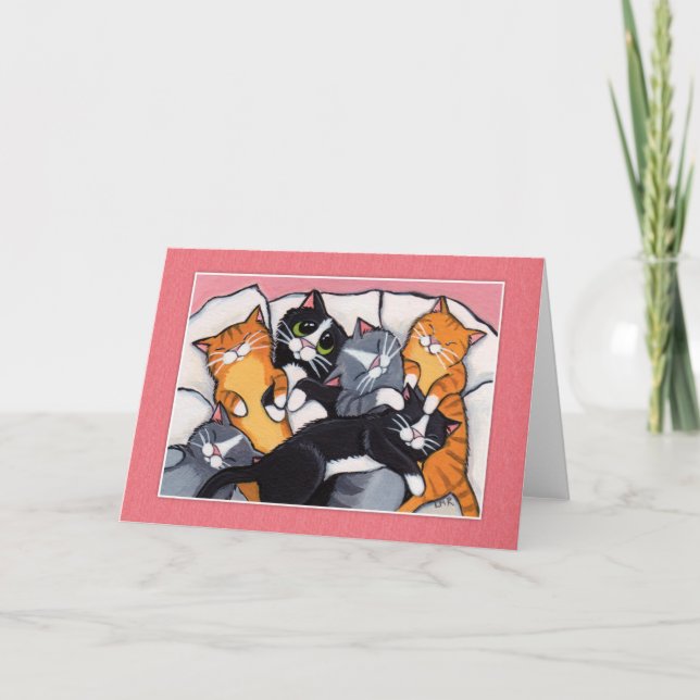 6 Chats en Sleepy dans le lit - Cartes d'Art Chat (Devant)