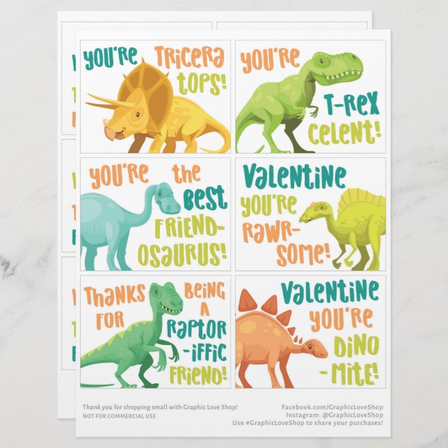 6 Dinosaurier Kinder Valentinstag Cards Briefbogen (Vorne/Hinten)