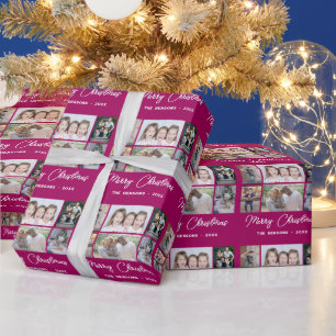 6 Foto-Collage Frohe Weihnachten Familie Lila Geschenkpapier