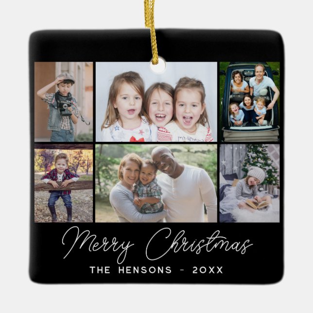 6 Foto Collage Frohe Weihnachtsfamilie Keramikornament (Vorderseite)