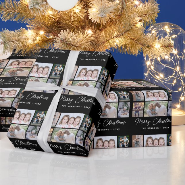 6 Foto Collage Frohe Weihnachtsfamilie Schwarz Geschenkpapier (Feiertage)