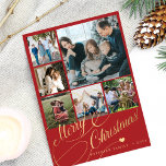 6 Foto Collage Frohe Weihnachtsskriptfamilie Feiertagskarte<br><div class="desc">Elegante stilvolle Frohe Weihnachten Imitate Gold klassische Kalligraphie Drehbuch sechs Fotos rote Urlaubskarte mit Ihrem individuellen personalisierten Text auf beiden Seiten. BITTE BEACHTEN SIE, dass die Hintergrundfarbe editierbar ist. Sie können es ändern, nachdem Sie unter dem IT-Menü PERSONALISIEREN die Option CUSTOMIZE ausgewählt haben. Wenn Sie es nicht einfach finden, es...</div>