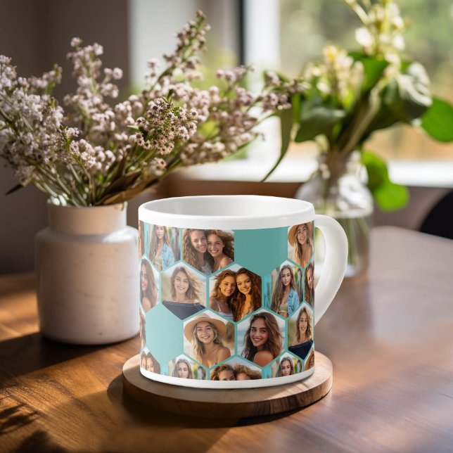 6 Foto Collage - funky hexagon pattern aquamarin Espressotasse (Espresso Mug with Photo Pattern Design)