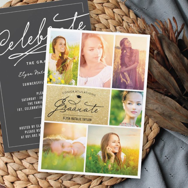 6 Foto Collage Gold Glitzer Graduation Party Einladung (Von Creator hochgeladen)