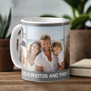 6-Foto-Collage - grauer Hintergrund mit weißem Tex Kaffeetasse